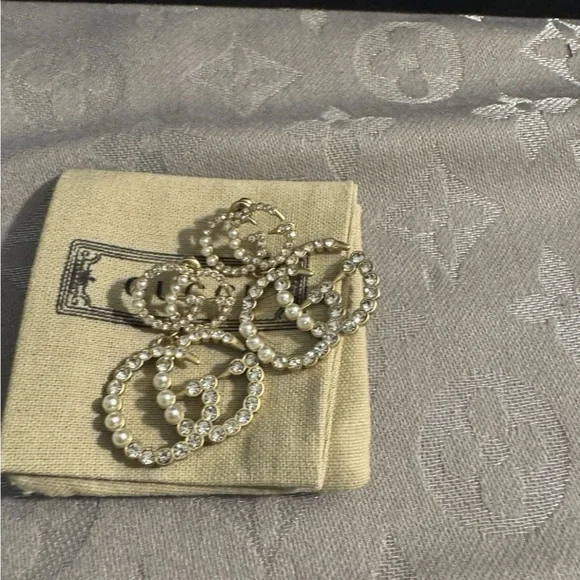 Gucci Crystal and Gold Tone Large Faux Pearl Earrings